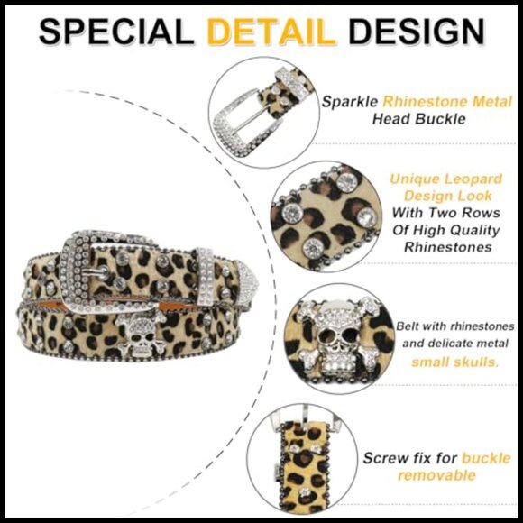Rhinestone Skull Leopard Belt Punk Studded Western Cowgirl main image 7